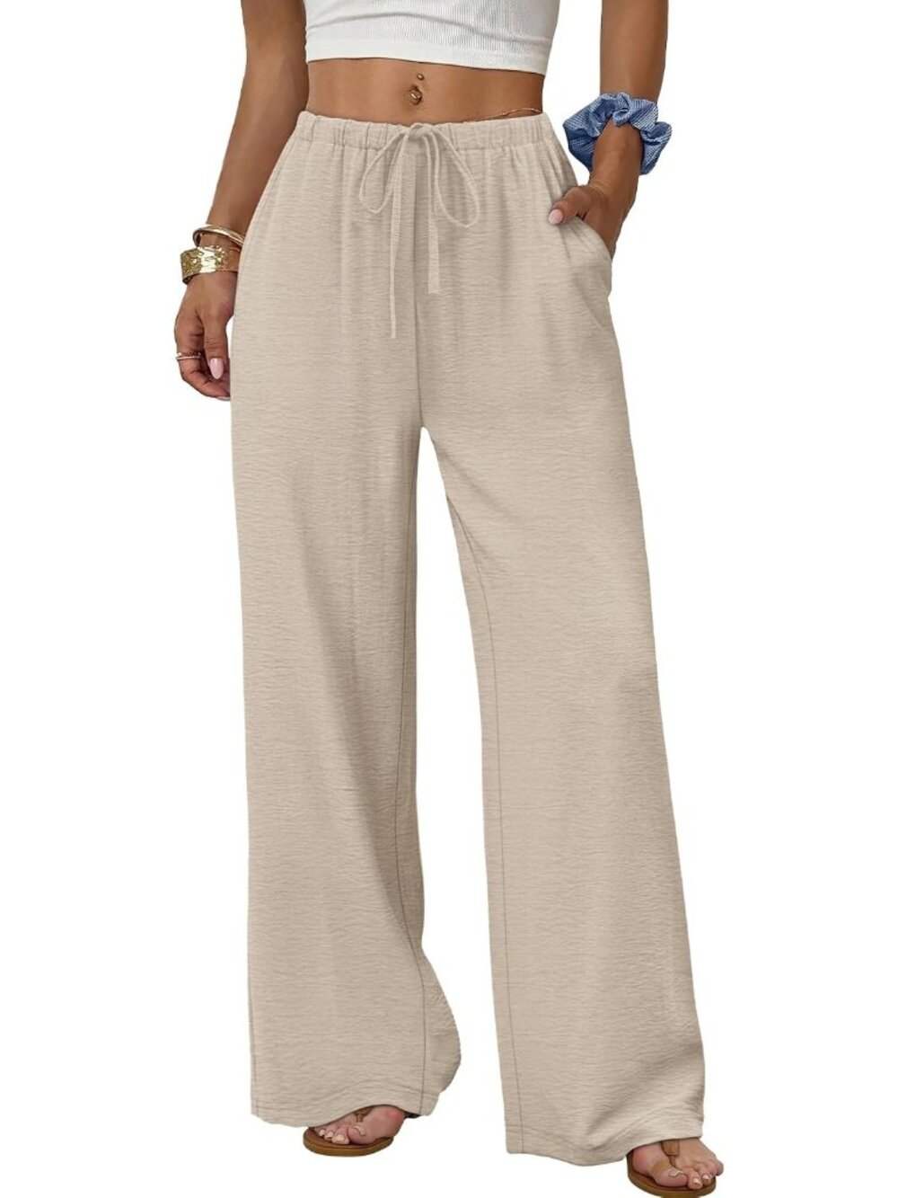 Women's Apricot Flowy Elastic Waist Trousers with Pockets Summer Leg Pants